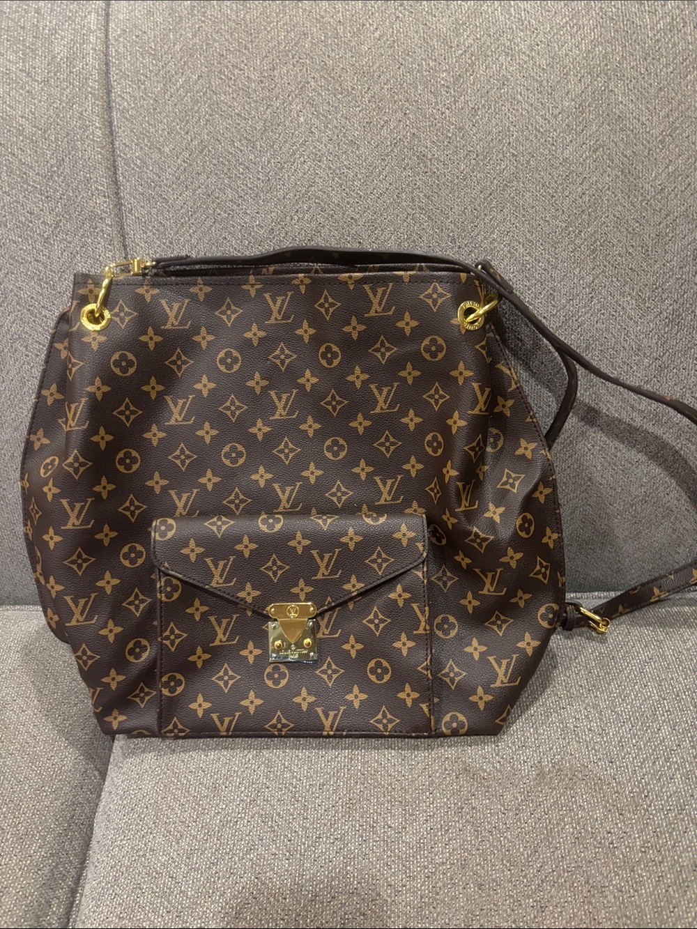 Faux Louis Vuitton Monogram Canvas Shoulder Bag with Gold Hardware